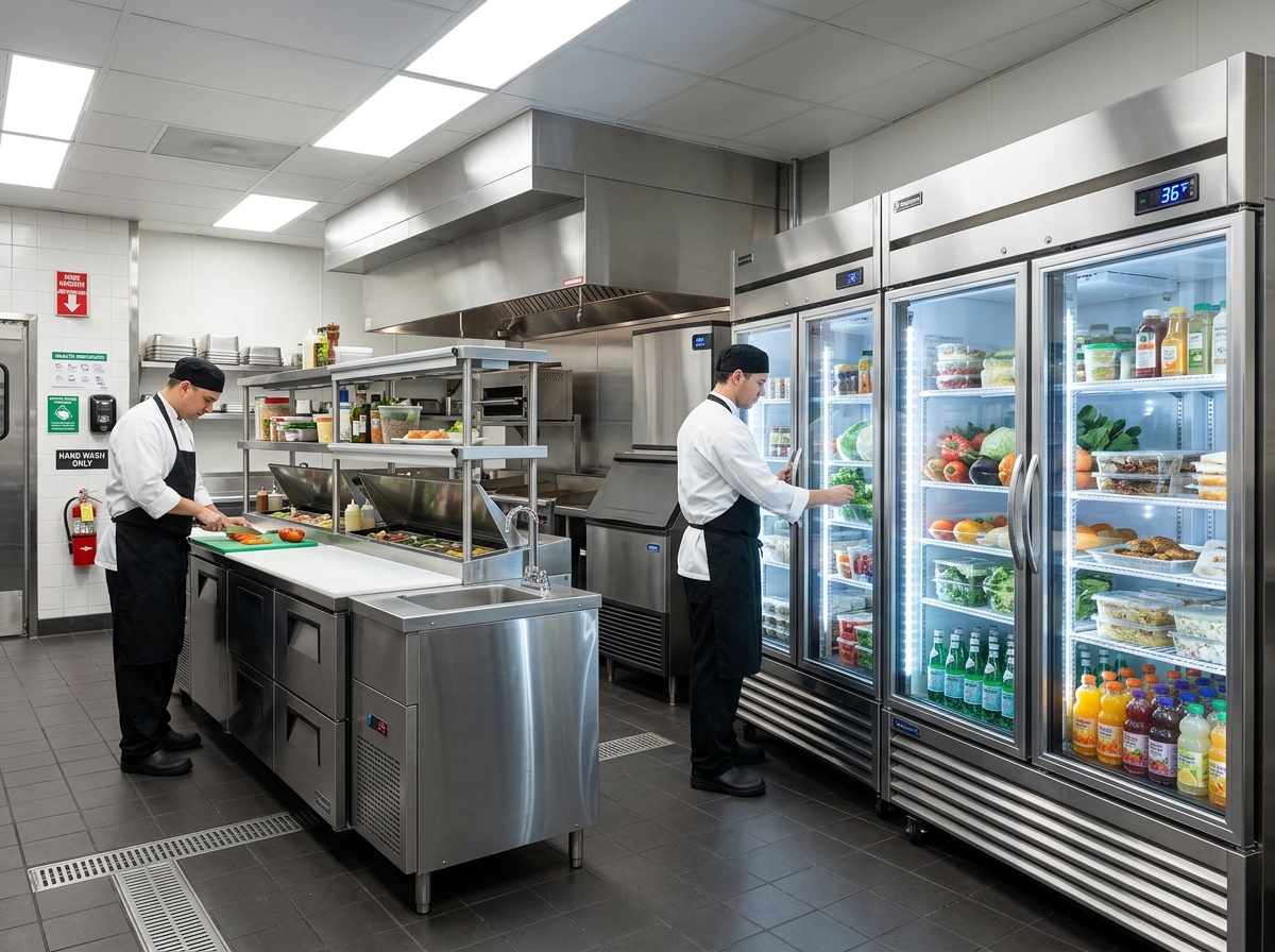 Equipos de refrigeración comercial y conservadores en cocina de restaurante